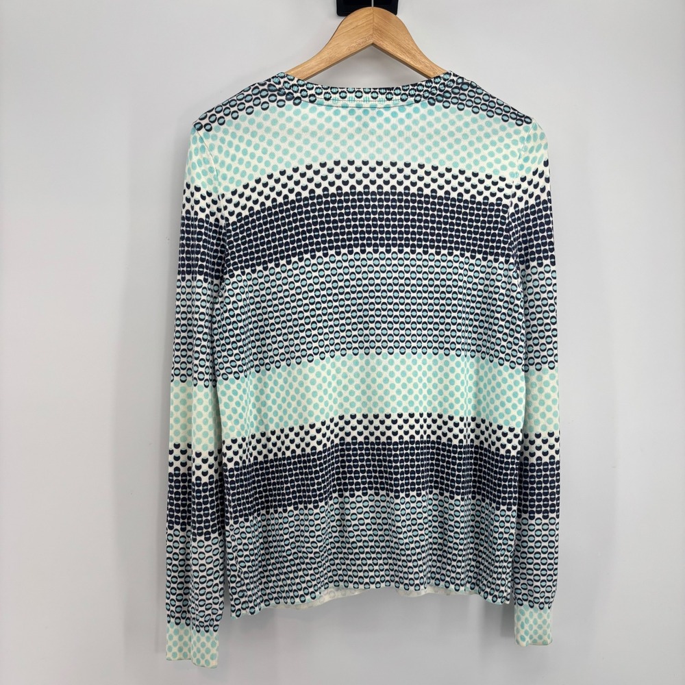 Talbots Women Cardigan Sweater Navy Teal Polka Dot Stripe Button Up Size Large - Picture 2 of 8